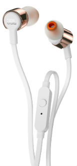 Vue avant des écouteurs intra-auriculaires T210 de JBL or rose