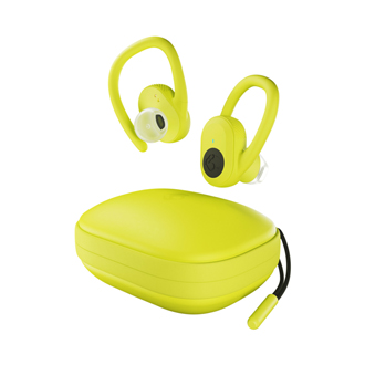 Yellow Skullcandy Push Ultra buds hovering over charging case
