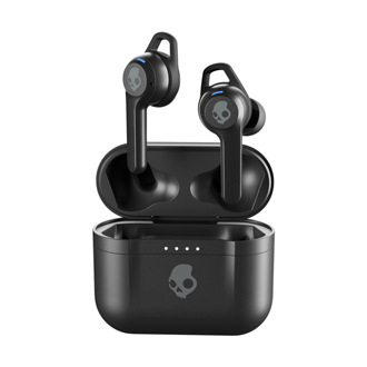 Black Skullcandy Indy Fuel True Wireless earbuds hovering above charging case front view
