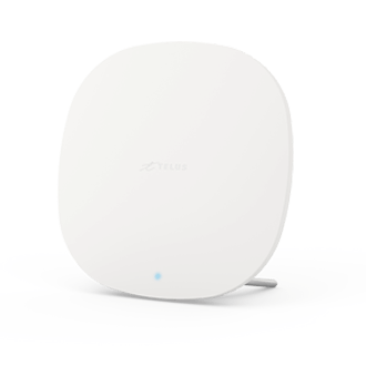 Front view of a TELUS Boost Wi-Fi device in a sleek, white, circular design.