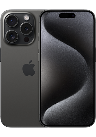 Front and back side of iPhone 15 Pro in Black Titanium