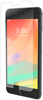 Angled InvisibleShield Glass Screen Protector Hovering Over iPhone 6P/6sP/7P/8P