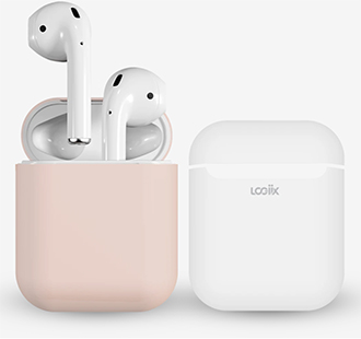 Blush LOGiiX Peels on open AirPods case beside white LOGiiX Peels