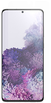 Vue avant du protecteur d’écran InvisibleShield Ultra Clear+ en suspension au-dessus d’un Galaxy S20 Ultra 5G