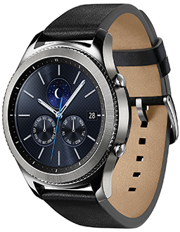 Vue avant inclinée de la montre intelligente Samsung Gear S3 Classic noire