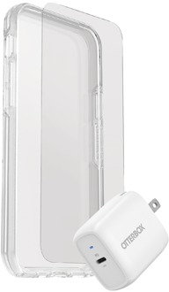 Angled view of clear Symmetry case, screen protector and white wall adapter