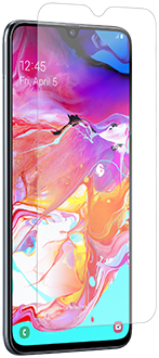 Vue en angle du protecteur d’écran InvisibleShield Glass en suspension au-dessus d’un Galaxy A70