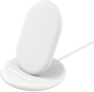 Vue en angle du support Pixel Stand blanc de Google