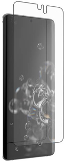 Vue en angle du protecteur d’écran InvisibleShield GlassFusion en suspension au-dessus d’un Note20 Ultra 5G