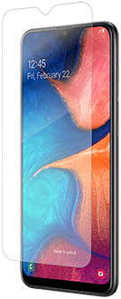 Vue en angle du protecteur d’écran InvisibleShield Glass en suspension au-dessus d’un Galaxy A20