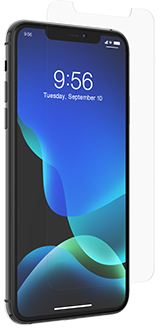 Angled InvisibleShield Glass Screen Protector Hovering Over iPhone