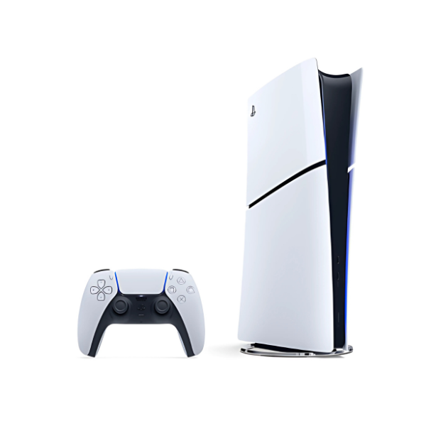A Playstation 5 game console and remote control.