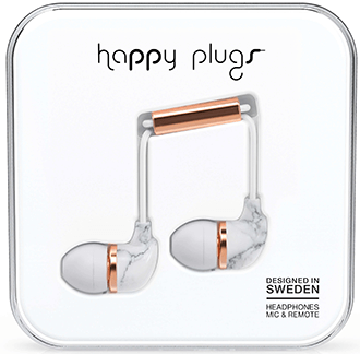 Écouteurs intra-auriculaires Happy Plugs blancs marbrés dans l’emballage