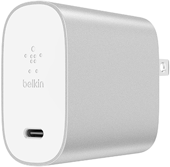 Angled Silver Belkin Boost Charge 27W USB C Home Charger Front