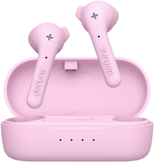 Pink Defunc True Basic True Wireless Earbuds front view of open charging case with buds above