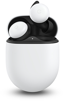 Clearly White Google Pixel Buds in Wireless Charging Case with one earbud hovering above