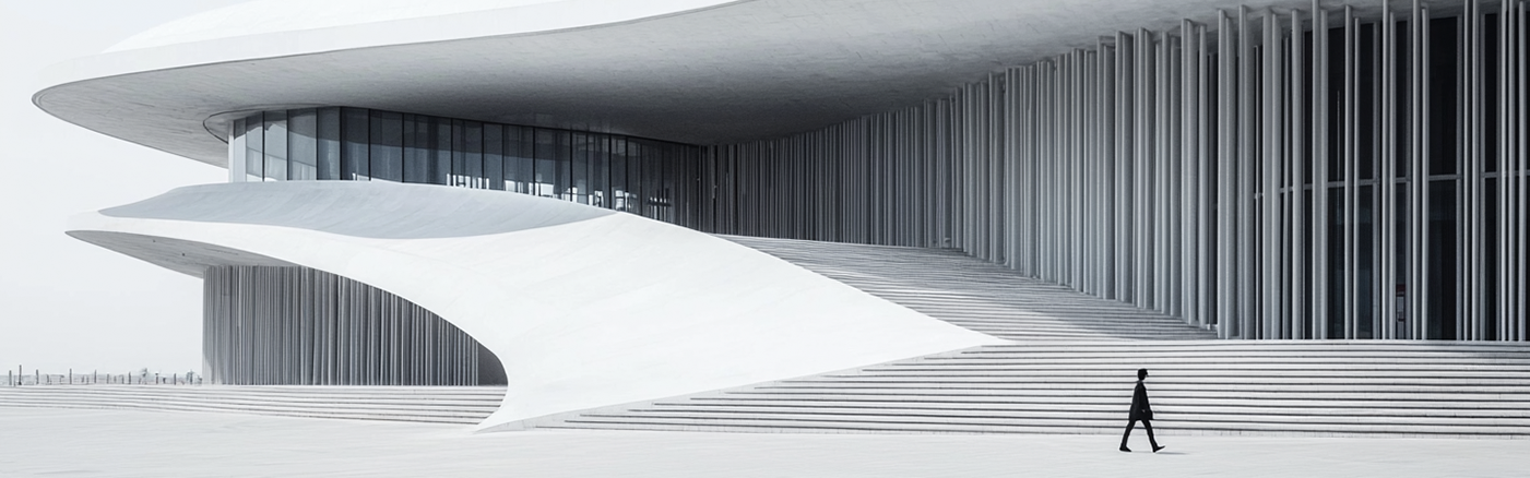 Moderno edificio bianco caratterizzato da un grande tetto dalle linee curve e ondulate. La facciata presenta una serie di sottili colonne verticali. Un'ampia scalinata conduce alla struttura, con la silhouette di una singola persona che cammina.