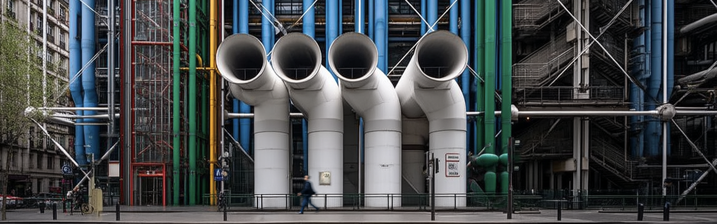 Facciata del Centre Pompidou caratterizzata da tubature industriali di colore blu, verde e giallo a vista. In primo piano spiccano quattro grandi condotti di ventilazione bianchi e curvi, con una persona che cammina sul marciapiede antistante.