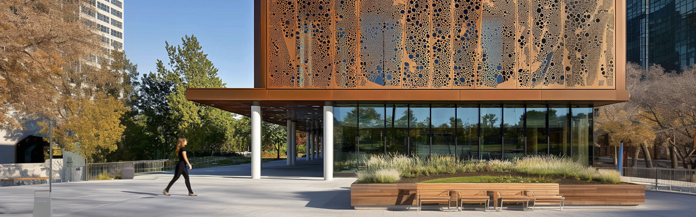 Edificio moderno con una base in vetro e un volume superiore rettangolare rivestito in acciaio corten color ruggine, decorato con fori irregolari. Davanti si trova una piazza pedonale con panchine in legno, aiuole e una persona che cammina. Sullo sfondo ci sono alberi e grattacieli.