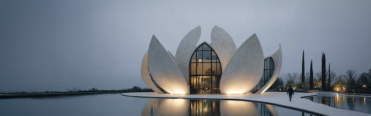Moderno edificio a forma di fiore di loto illuminato dall'interno, situato accanto a un grande specchio d'acqua al crepuscolo. Sulla destra, una persona cammina lungo il sentiero esterno.