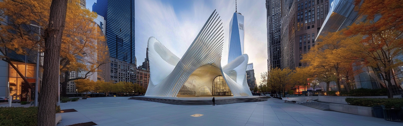 L'Oculus di New York circondato da alberi autunnali con il One World Trade Center sullo sfondo.