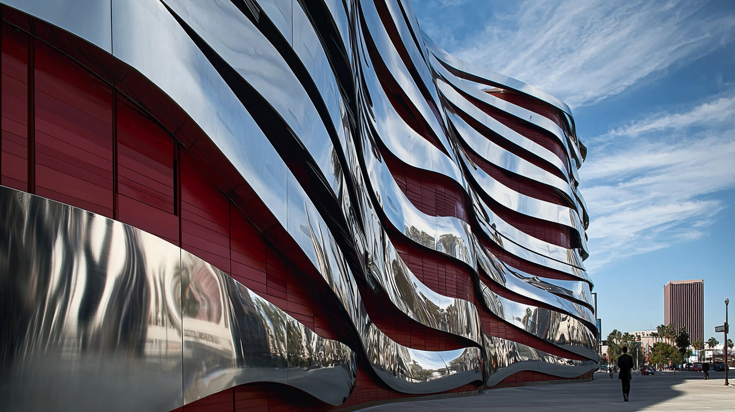 A bright red modern architectural facade wrapped in wavy ribbons of mirror-polished steel, with a sidewalk and pedestrian in the foreground.