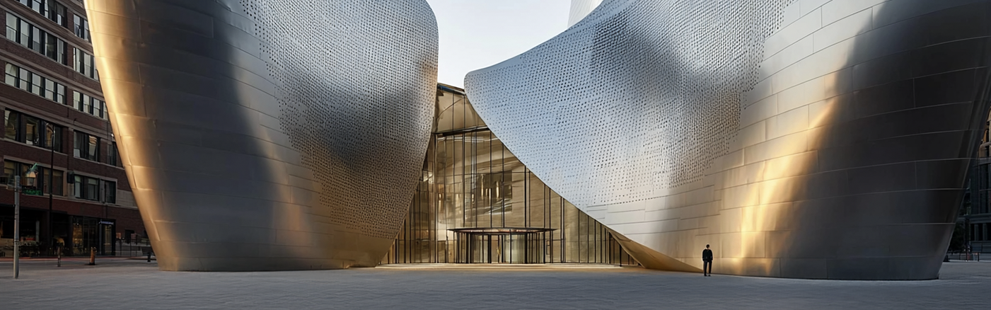 Edificio moderno dal design futuristico con due enormi volumi curvi rivestiti in pannelli metallici riflettenti che incorniciano un ingresso in vetro. Sulla destra si nota una piccola silhouette umana, mentre sulla sinistra si intravede un palazzo tradizionale in mattoni.