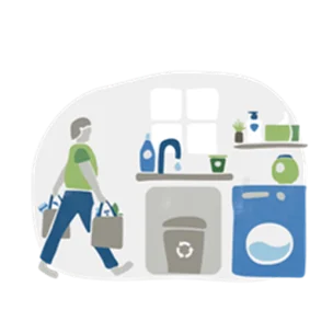 Illustration qui montre une personne qui porte des sacs dans une maison, des produits sur une étagère, une poubelle et un lave-linge pour symboliser la consommation durable.