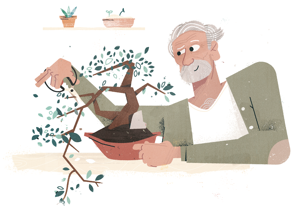 Man pruning bonsai tree