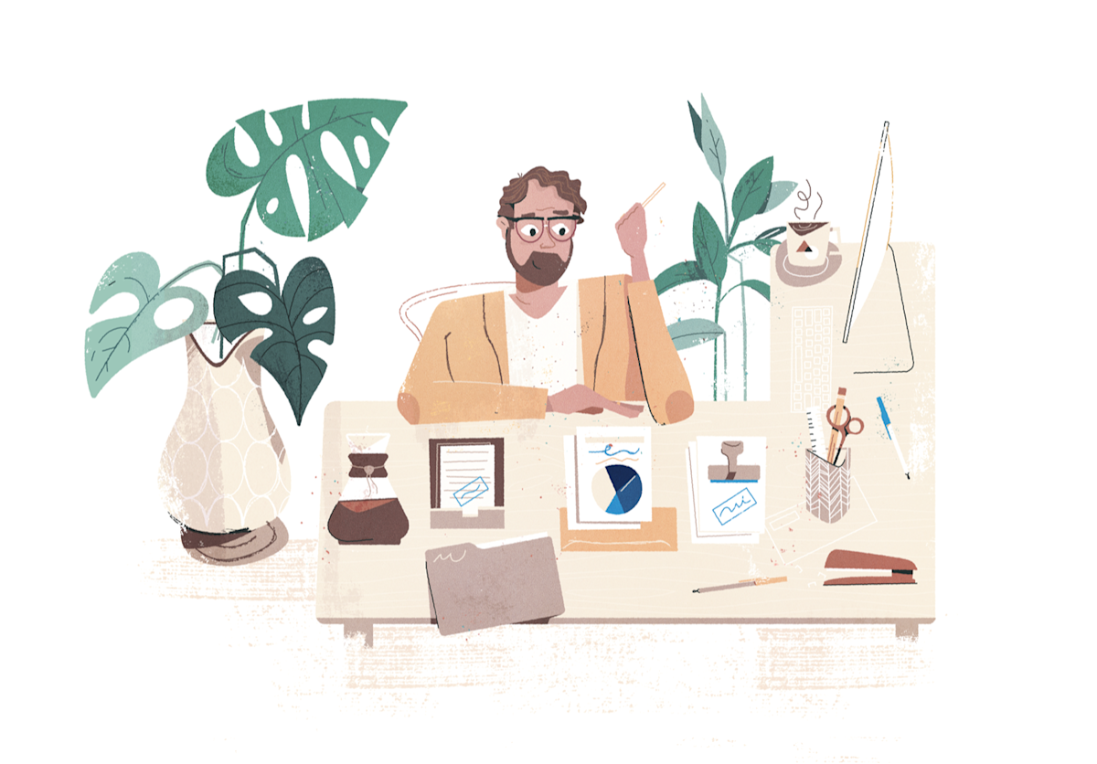 Illustration of worker sitting at desk surrounded by papers and plants