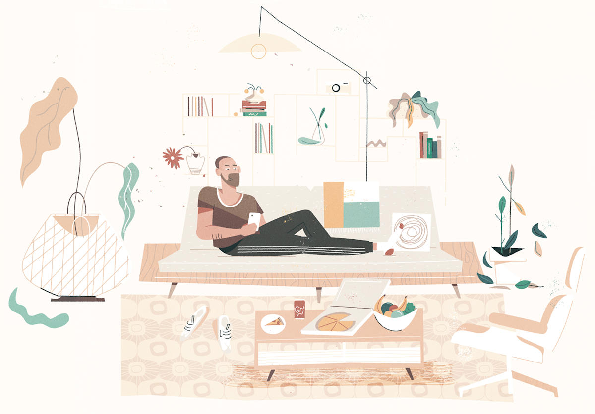 Person relaxing on couch while on smartphone, surrounded by wilting plants