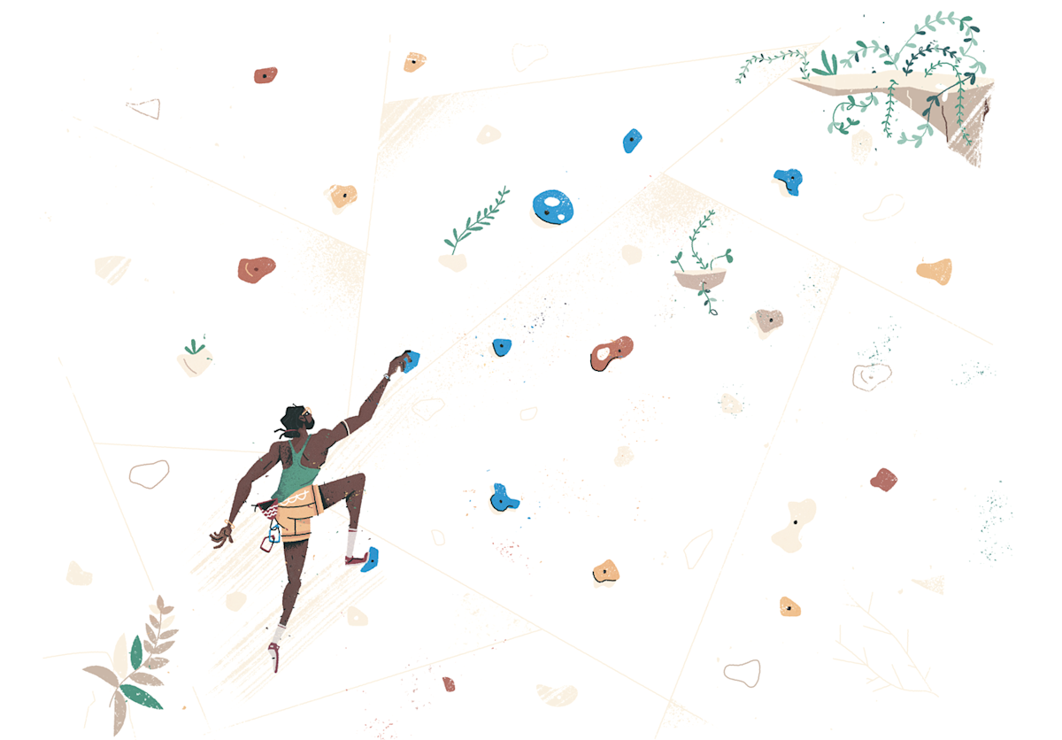 Illustration of a man climbing a colorful rock wall