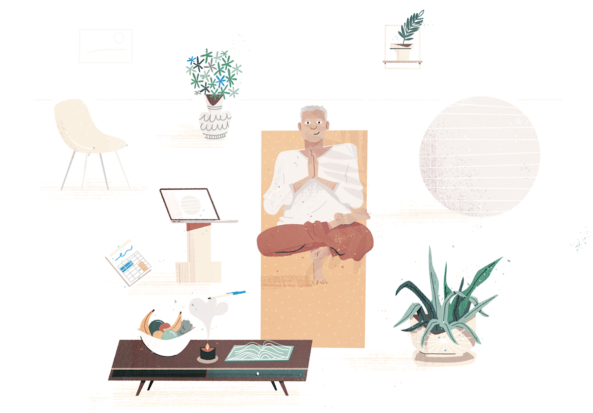 Illustration of a white-haired man doing yoga on a mat indoors