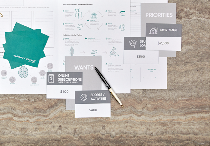 Financial worksheet on a marble table.
