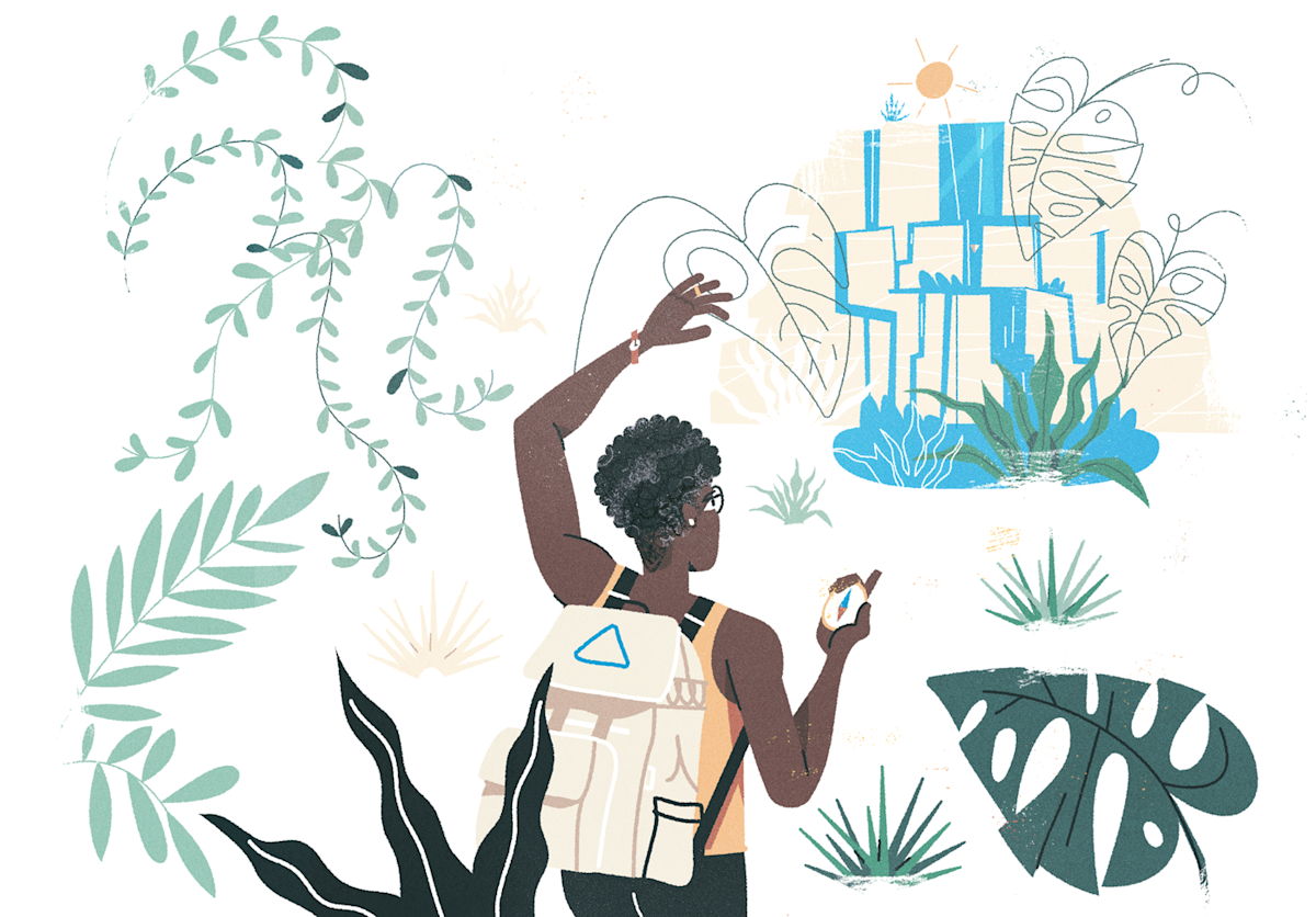 Adventurer with compass peering through leaves toward a distant waterfall