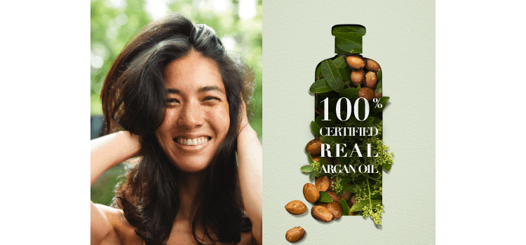 Herbal Essences model and visual of argan oil ingredient