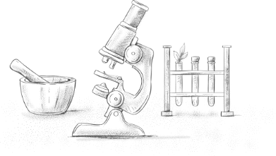Drawing of plant scientist’s equipment: a pestle and a mortar, a microscope and test tubes