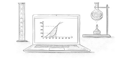 Drawing of plant scientist’s equipment: a test tube, a laptop and a glass flask