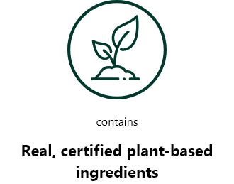 illustration of a plant with caption: contains real, certified plant-based ingredients