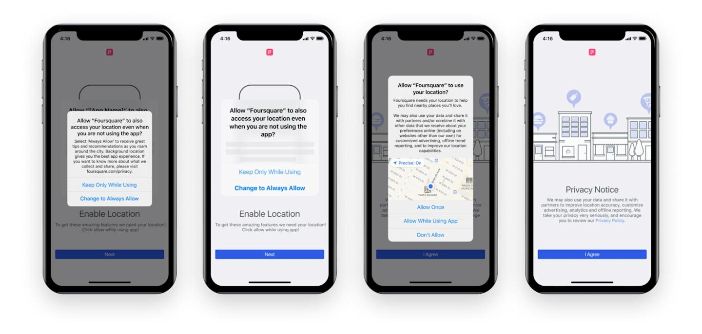 Screenshots of location sharing prompts