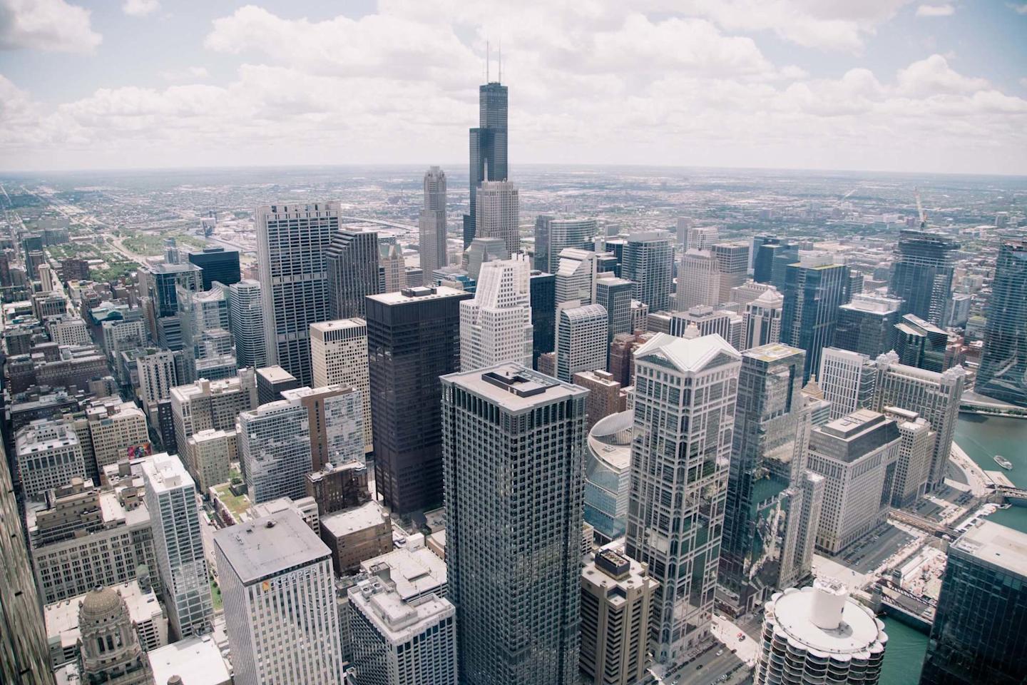 An angled aerial view of Chicago