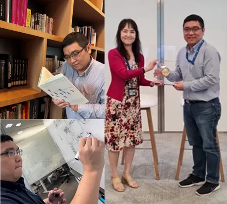 Pictures of Thanh reading in a library, working on a whiteboard and receiving an award