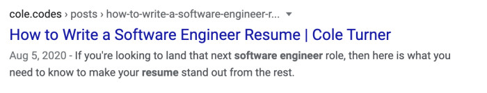 Search result for "software engineer resume" where it used the meta description hint.