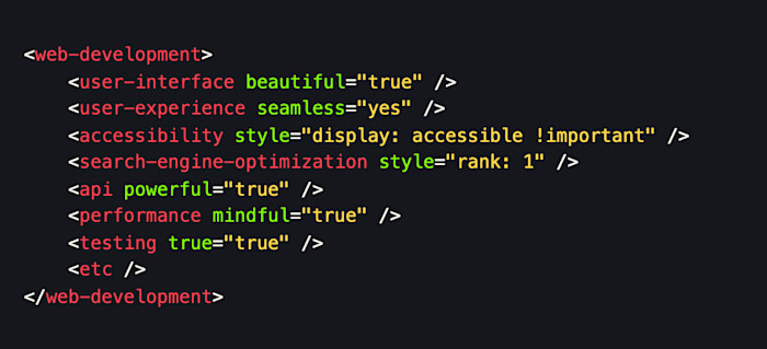 A markup joke that shows the different realms of web development as HTML tags.