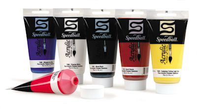 Speedball Acrylic Paints Set - Components of Introductory Set of 6 colors shown with Red open