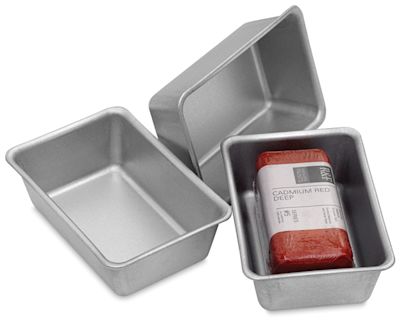 R&F Palette cups - Top view of set of 3 Metal Rectangular Cups, with Red Encaustic Cake in one