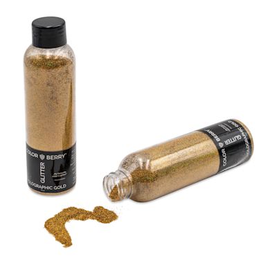 Colorberry Glitter - Holographic Gold, Fine, 90 grams, Bottle (Glitter shown in and out of bottle)