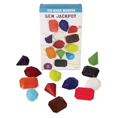 Kid Made Modern Gem Jackpot Crayons - Pkg of 12, laid out in front of the packaging.