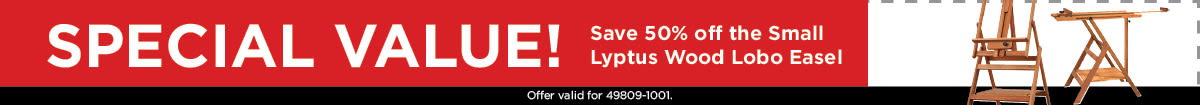 Special Value! 50% off select Richeson Lyptus Wood Lobo Easel. Offer valid for 49809-1001 only. Richeson-V19-1200x105 Banners