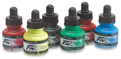 Daler-Rowney FW Acrylic Water-Resistant Artists Ink - 1 oz, Primary Colors Set, Set of 6 (set contents)